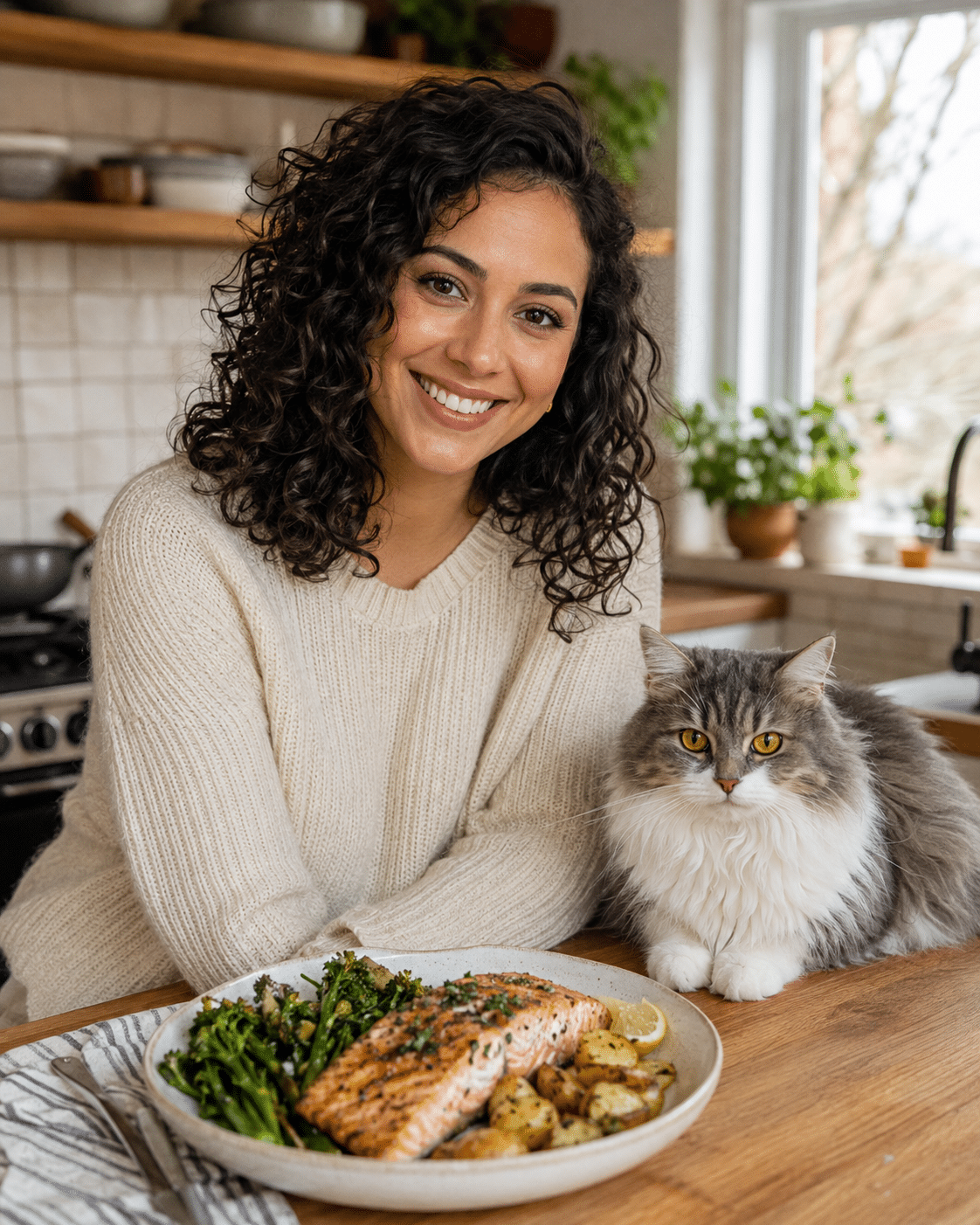 maya collins with mochi and salmon dinner 01