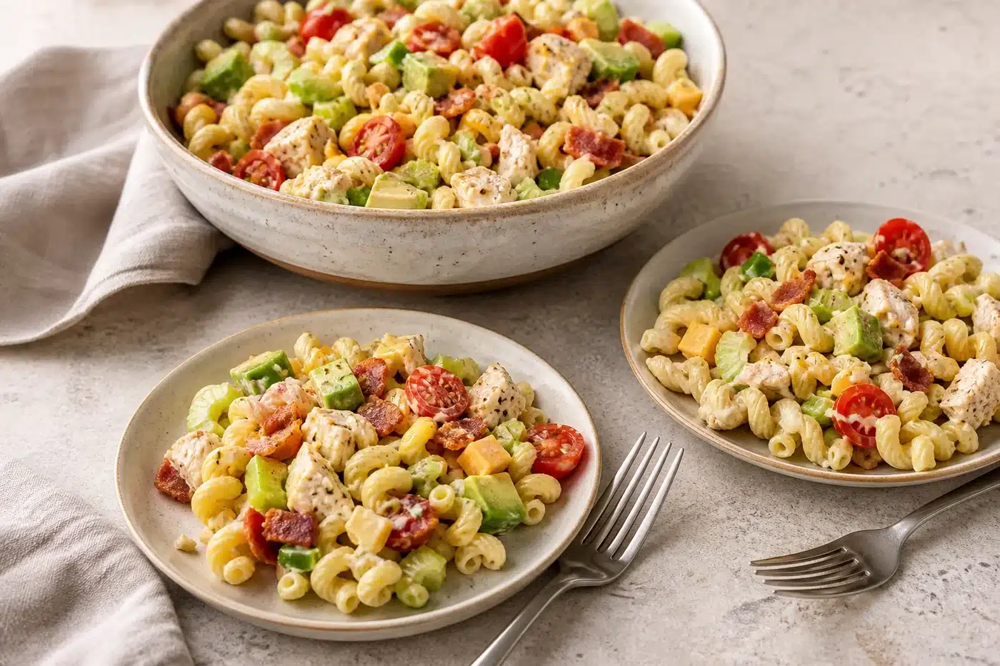 serving chicken club pasta salad