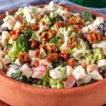Close-up of creamy and crunchy broccoli cauliflower salad