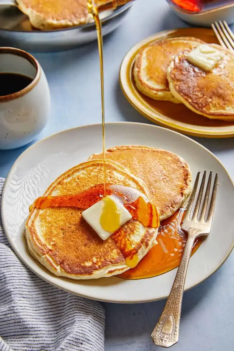 Maple syrup being poured from a pitcher over a plate of pancakes
