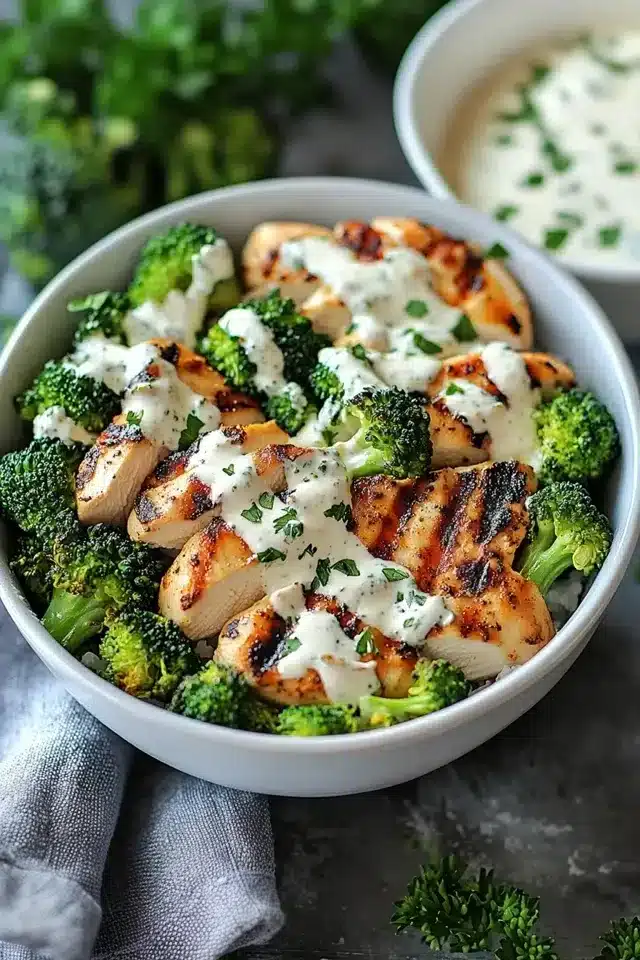 grilled chicken broccoli bowls a wholesome classic with creamy garlic sauce 2