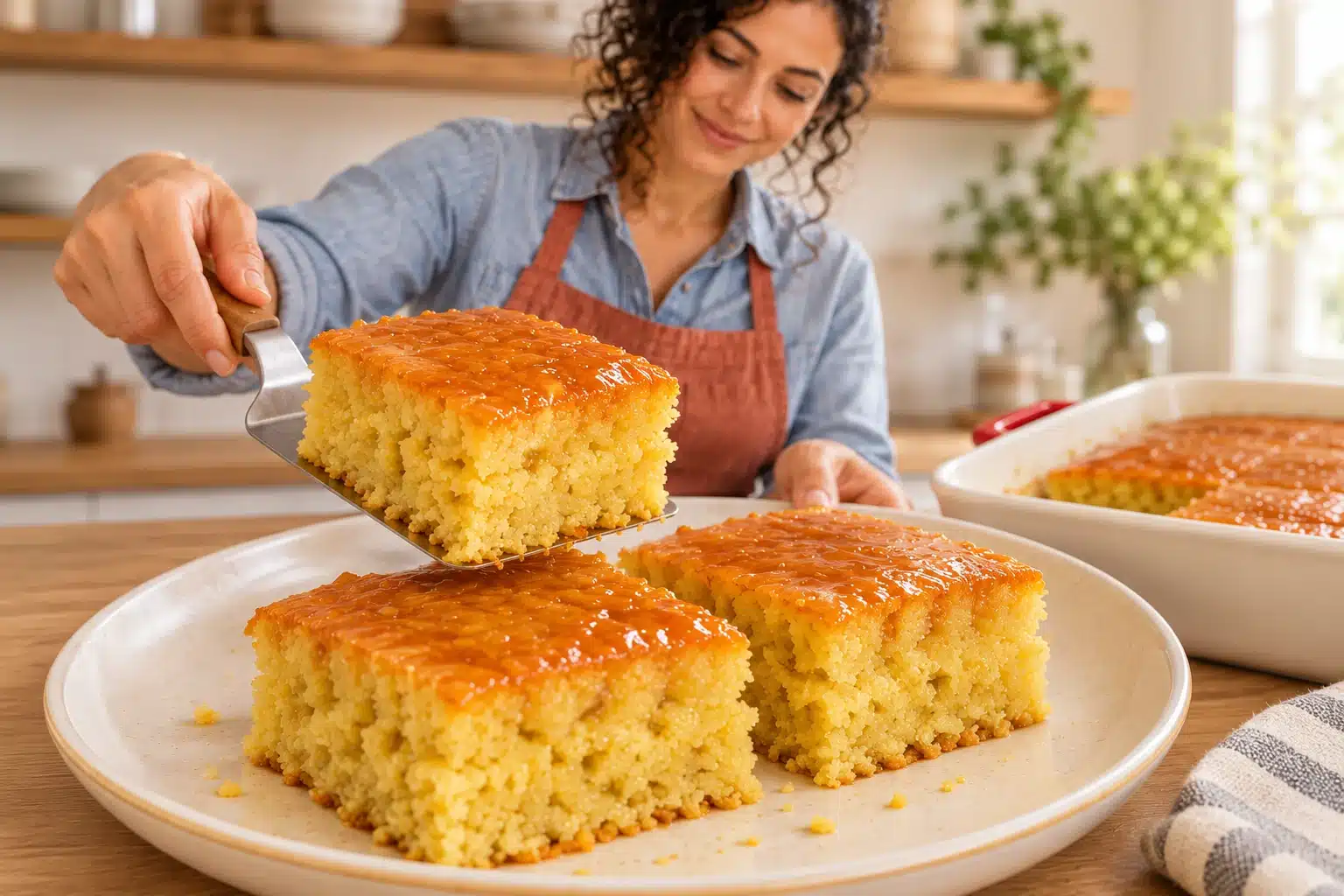 Honey Butter Cornbread with golden crust, tender yellow crumb and a honey butter glaze