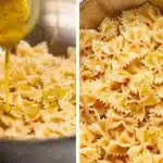 Soaking hot pasta being tossed in dressing for big easy pasta salad