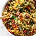Pasta salad in a serving bowl ready to share