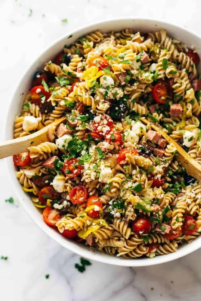 Pasta salad in a serving bowl ready to share