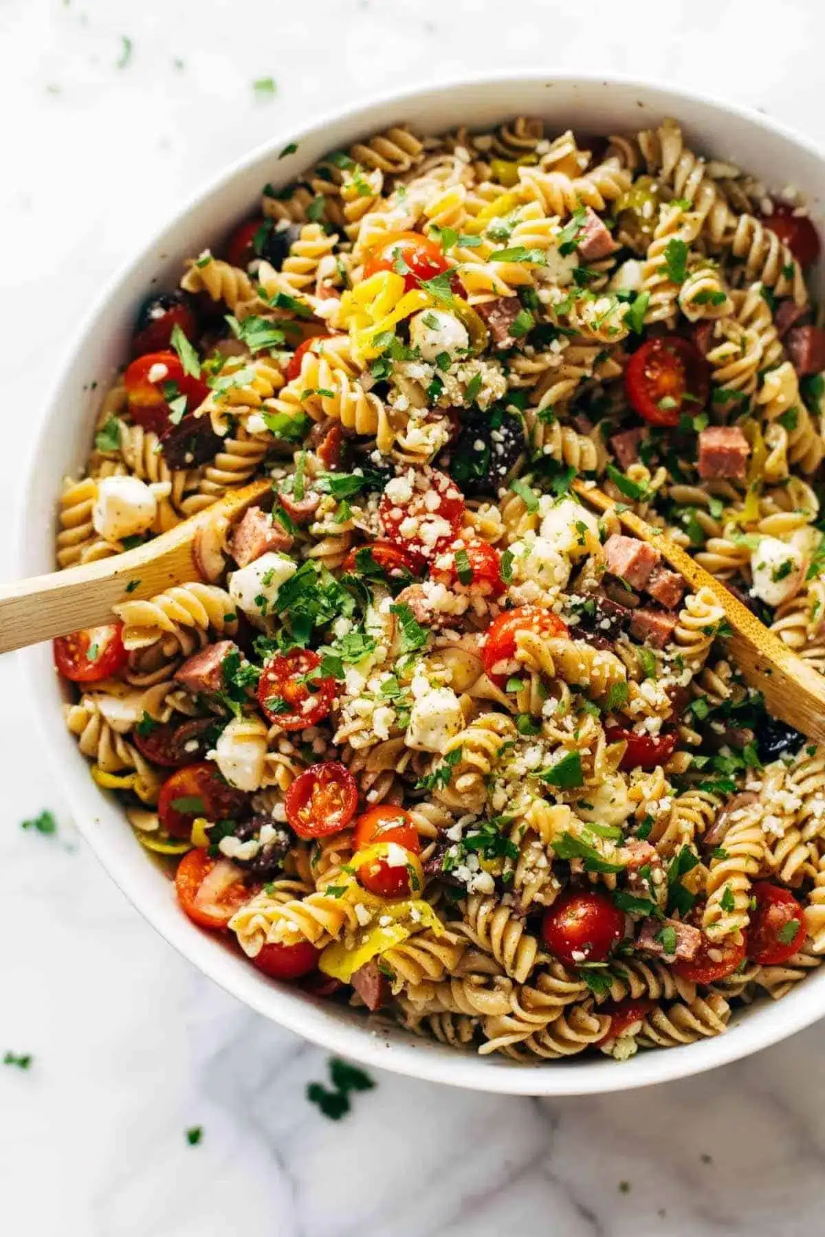 Pasta salad in a serving bowl ready to share