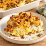 Biscuits and Gravy Casserole with sausage, bacon, eggs and melted cheddar on a plate, with Recipenly branding