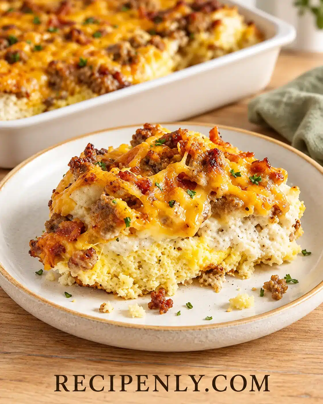 Biscuits and Gravy Casserole with sausage, bacon, eggs and melted cheddar on a plate, with Recipenly branding
