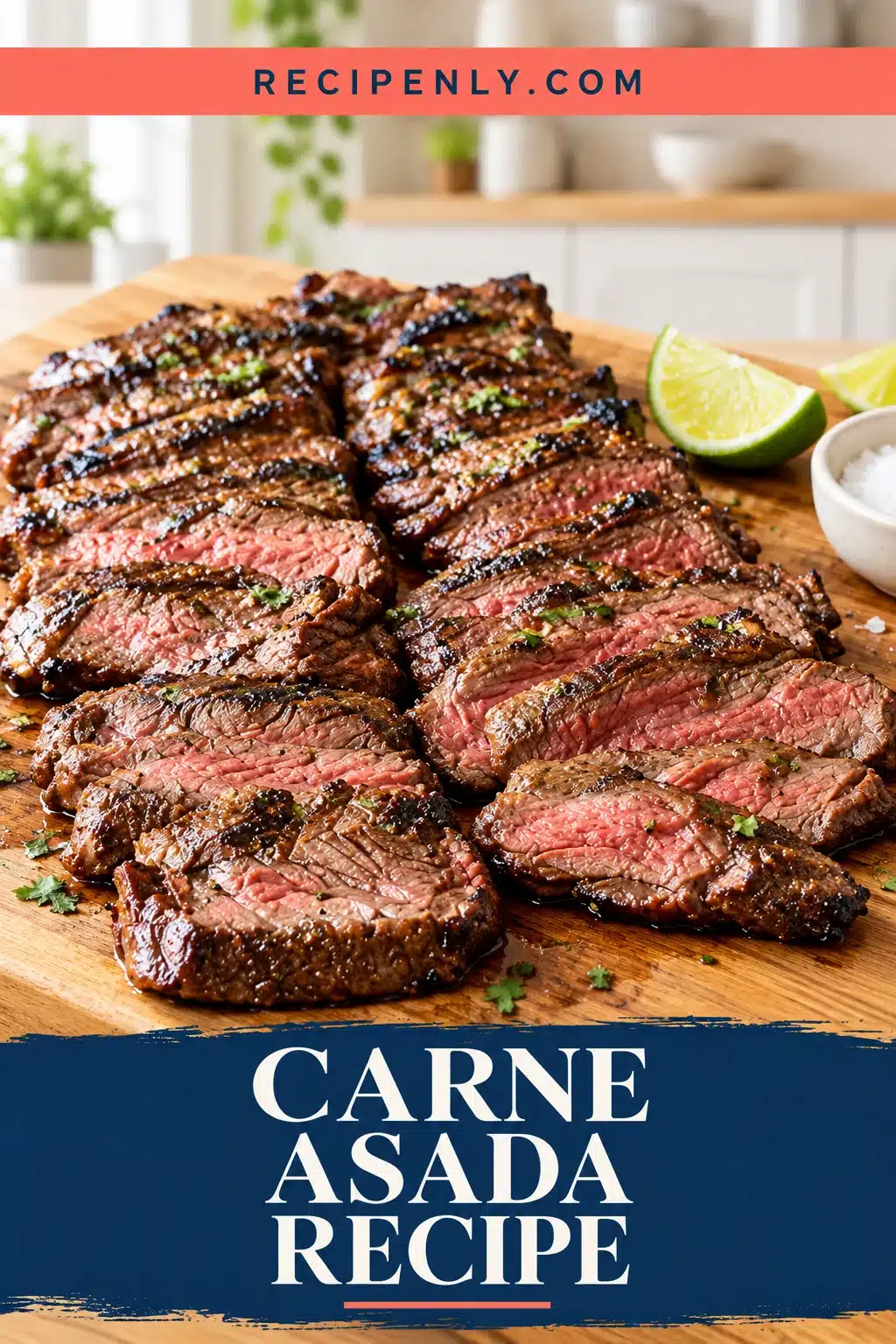 Sliced grilled carne asada with a browned crust and pink center on a wooden board