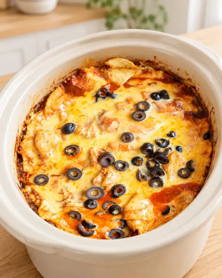 Crockpot chicken enchilada casserole with melted cheese, red sauce and black olives in an ivory slow cooker