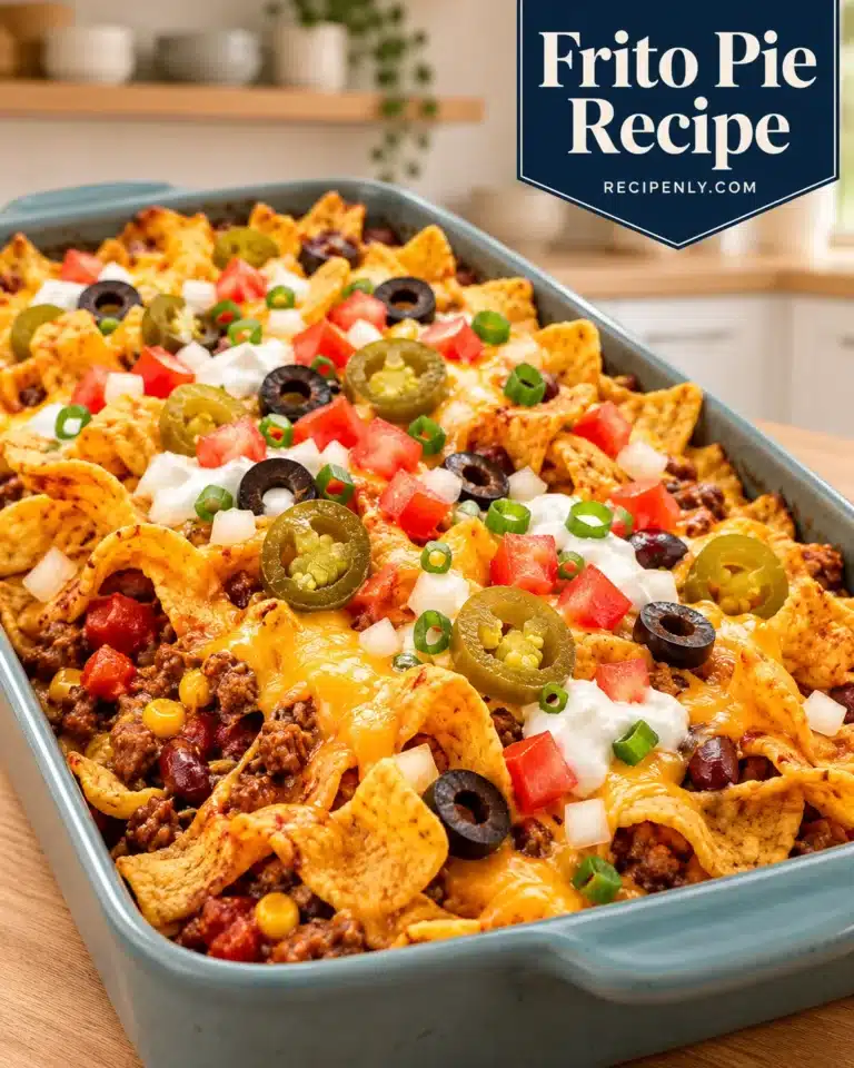 Frito pie with corn chips, beef chili, cheese, tomatoes, sour cream, jalapenos and olives in a blue-green baking dish