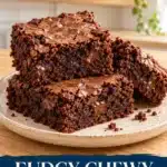 Three thick chocolate brownies with crackly tops and fudgy centers on an ivory plate