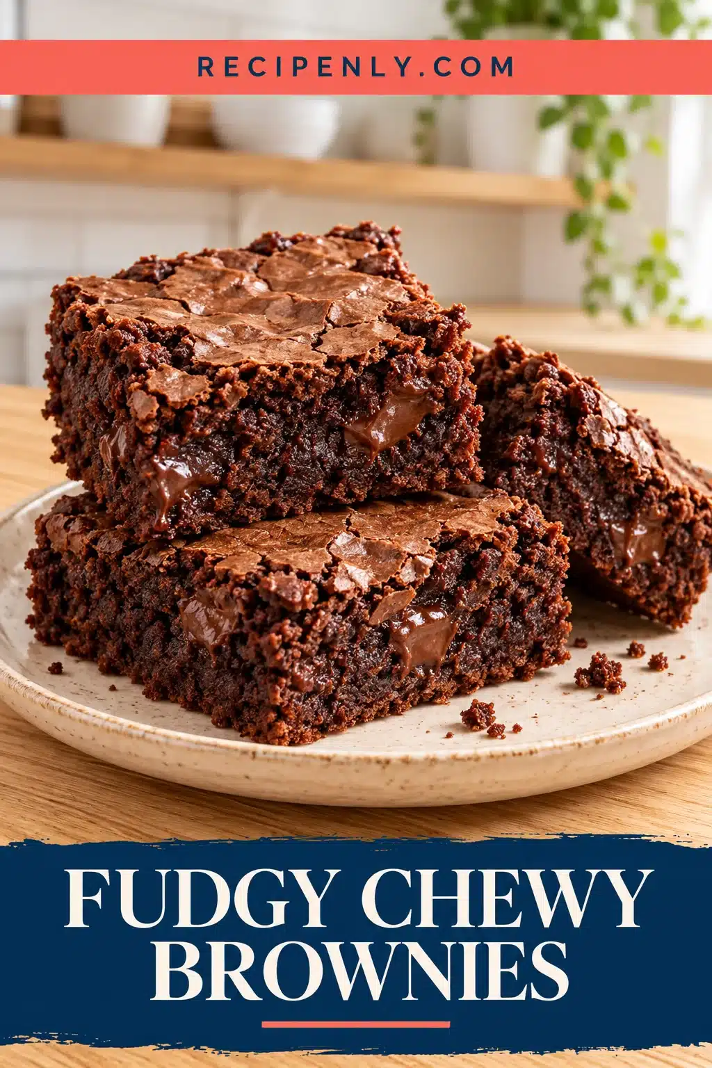 Three thick chocolate brownies with crackly tops and fudgy centers on an ivory plate