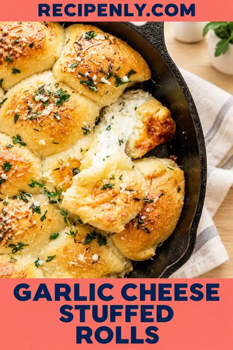 Garlic Cheese Stuffed Rolls with melted cheese, garlic herb butter and parmesan in a cast iron skillet, Recipenly