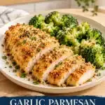 Garlic Parmesan Chicken and Broccoli 29 Sliced golden garlic Parmesan chicken breast with cooked broccoli on an ivory plate