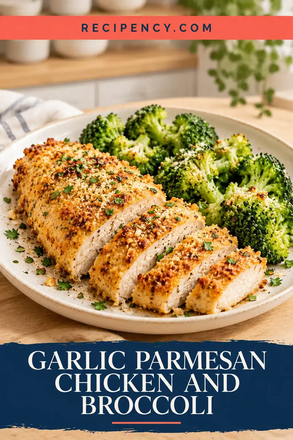 Garlic Parmesan Chicken and Broccoli 15 Sliced golden garlic Parmesan chicken breast with cooked broccoli on an ivory plate