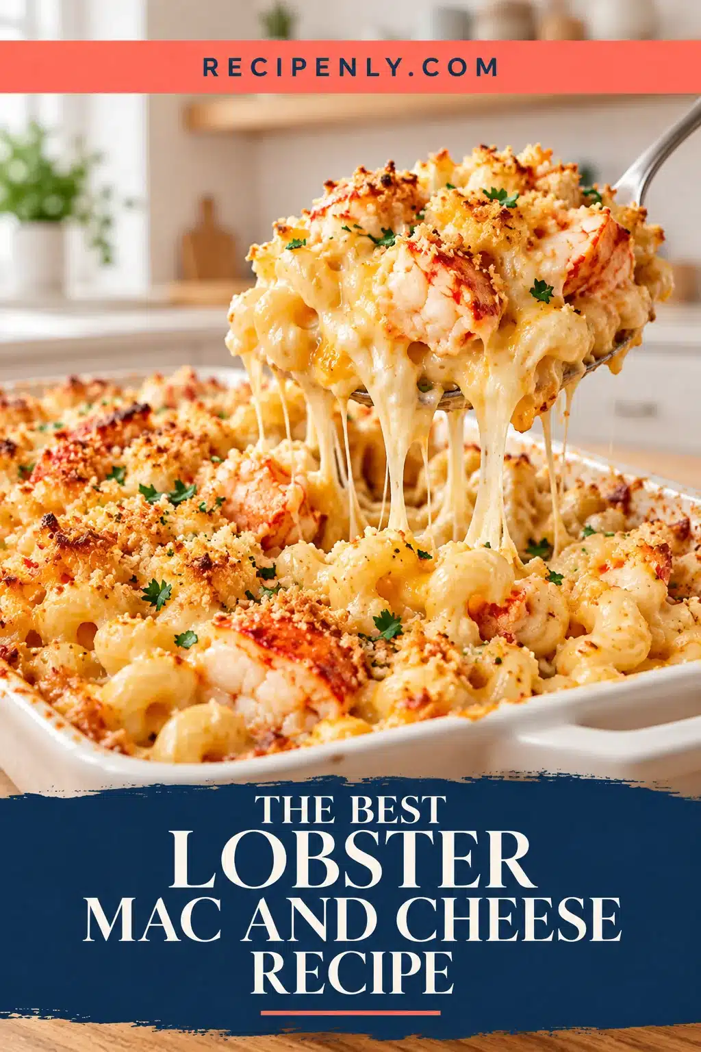 Sliced grilled lobster mac with a browned crust and pink center on a wooden board