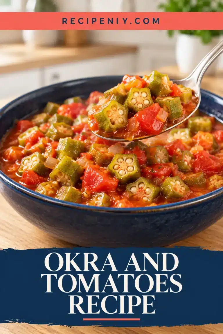 Sliced okra and cooked tomatoes in red sauce with a spoonful lifted above the bowl