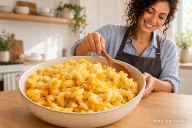 Slow Cooker Mac and Cheese with yellow cheese-coated elbow macaroni in an ivory bowl
