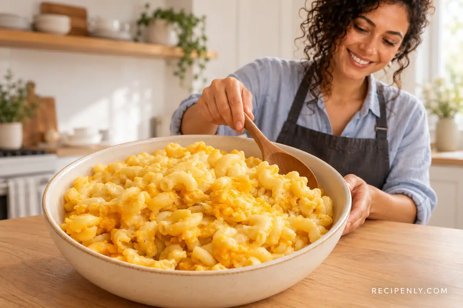 Slow Cooker Mac and Cheese with yellow cheese-coated elbow macaroni in an ivory bowl