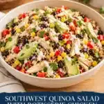 Southwest Quinoa Salad with Rotisserie Chicken and Creamy Lime Dressing 3 Southwest quinoa salad with shredded chicken, black beans, corn, avocado and creamy lime dressing