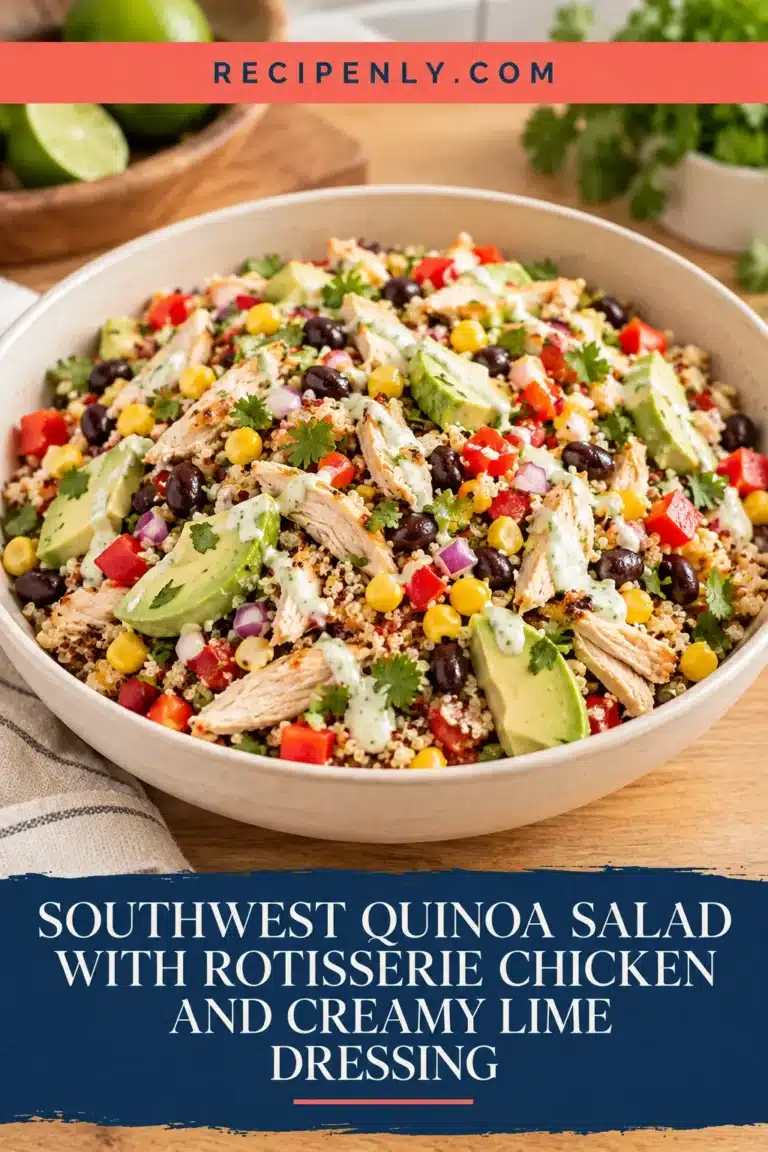 Southwest quinoa salad with shredded chicken, black beans, corn, avocado and creamy lime dressing