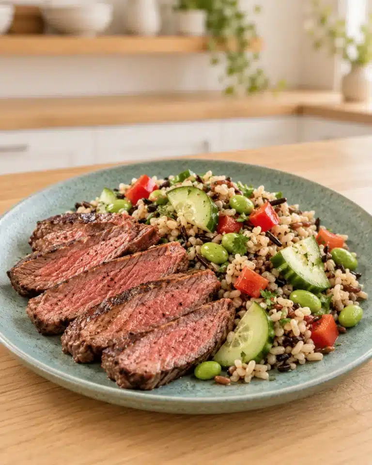 Sliced steak beside a rice salad with cucumber, edamame and diced red vegetables on a blue-green plate
