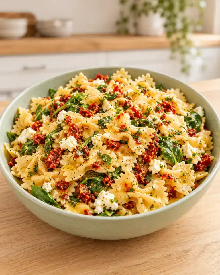 Farfalle pasta salad with sun-dried tomatoes, greens and crumbled white cheese in a sage bowl
