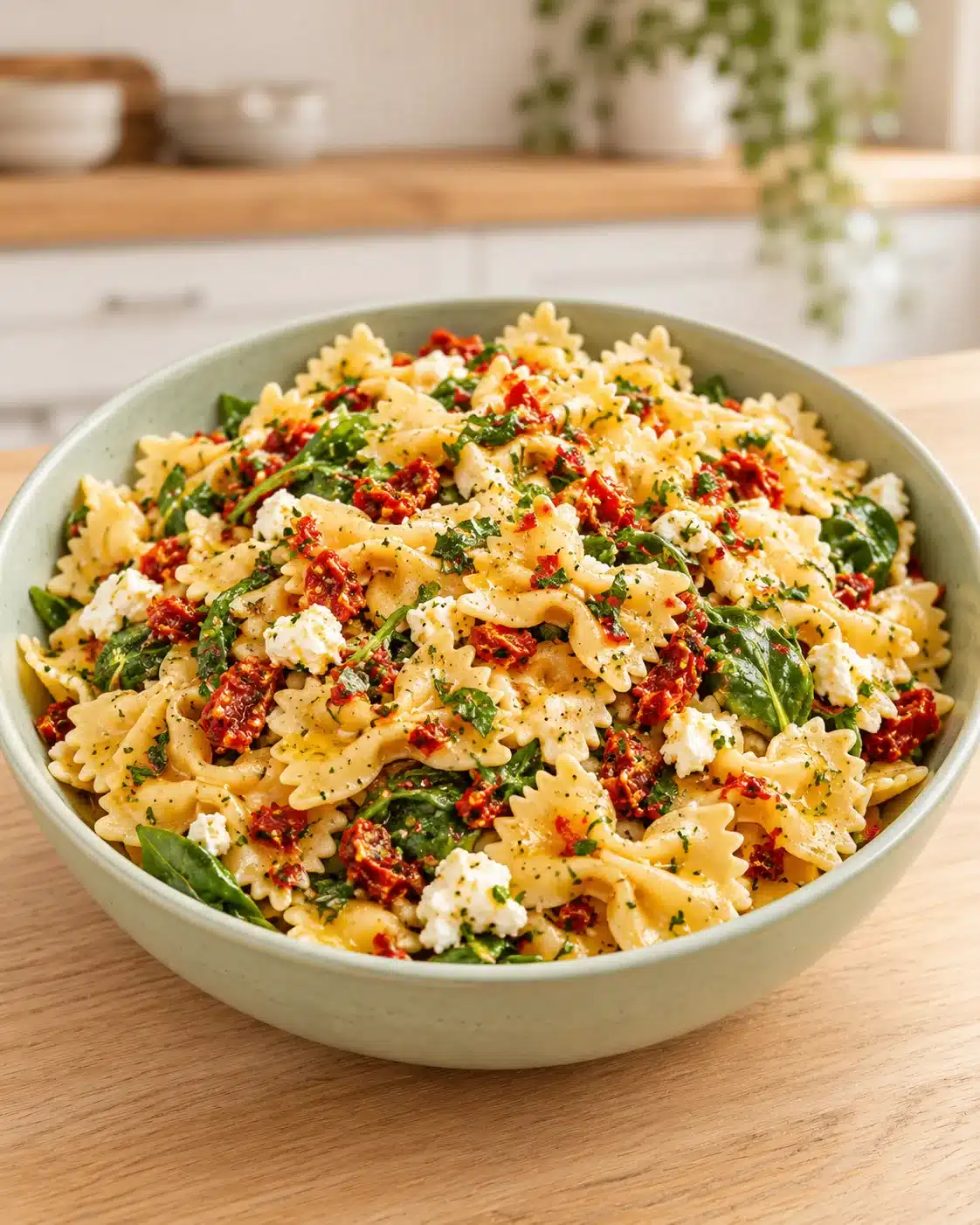 Farfalle pasta salad with sun-dried tomatoes, greens and crumbled white cheese in a sage bowl