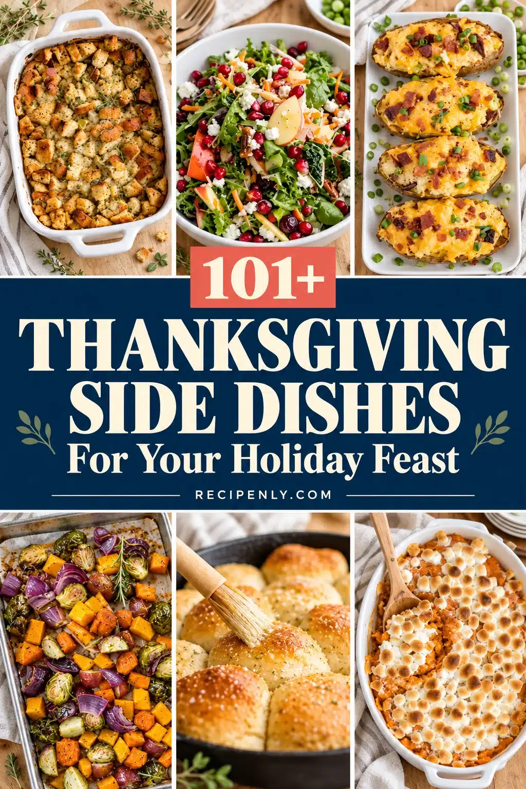 Thanksgiving side dish collage with stuffing, salad, loaded potatoes, roasted vegetables, rolls and sweet potato casserole