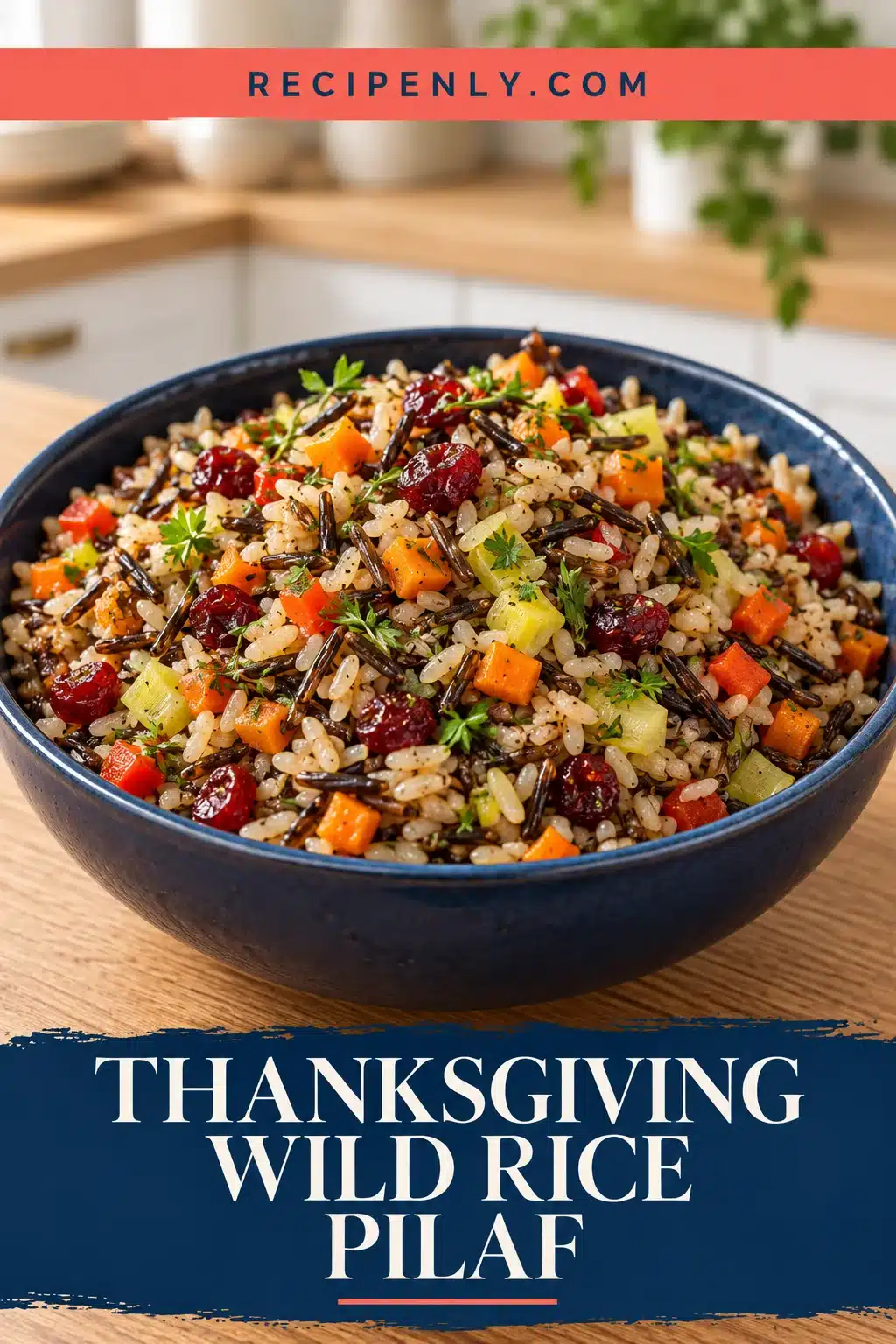 Wild rice pilaf with cranberries, carrots, bell pepper, leeks and herbs in a navy bowl